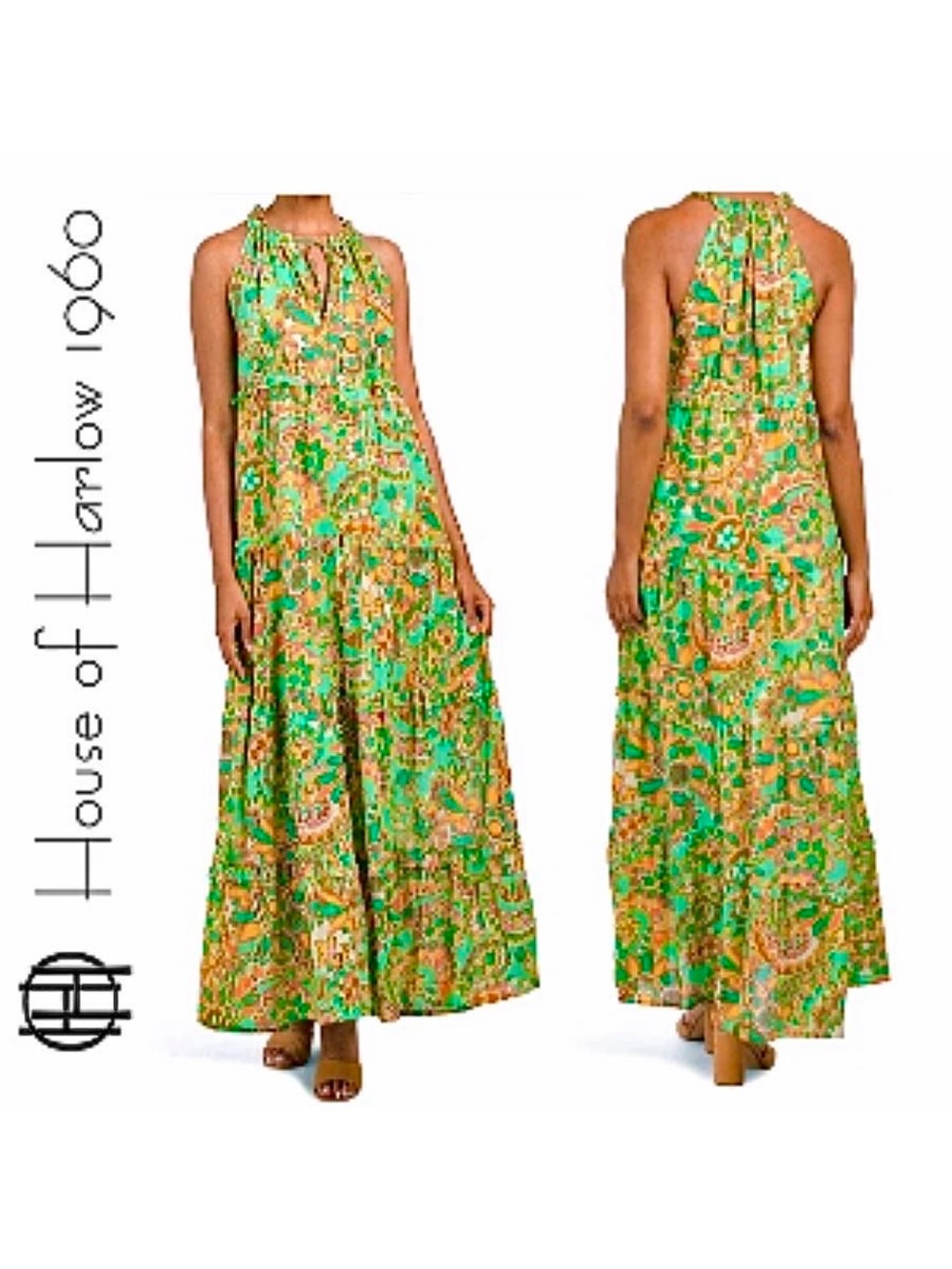 NWT House Of Harlow 1960 Tiered Maxi Floral Halter Neck Dress